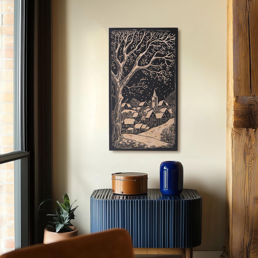 New Hampshire Winter Village Engraved Illustration