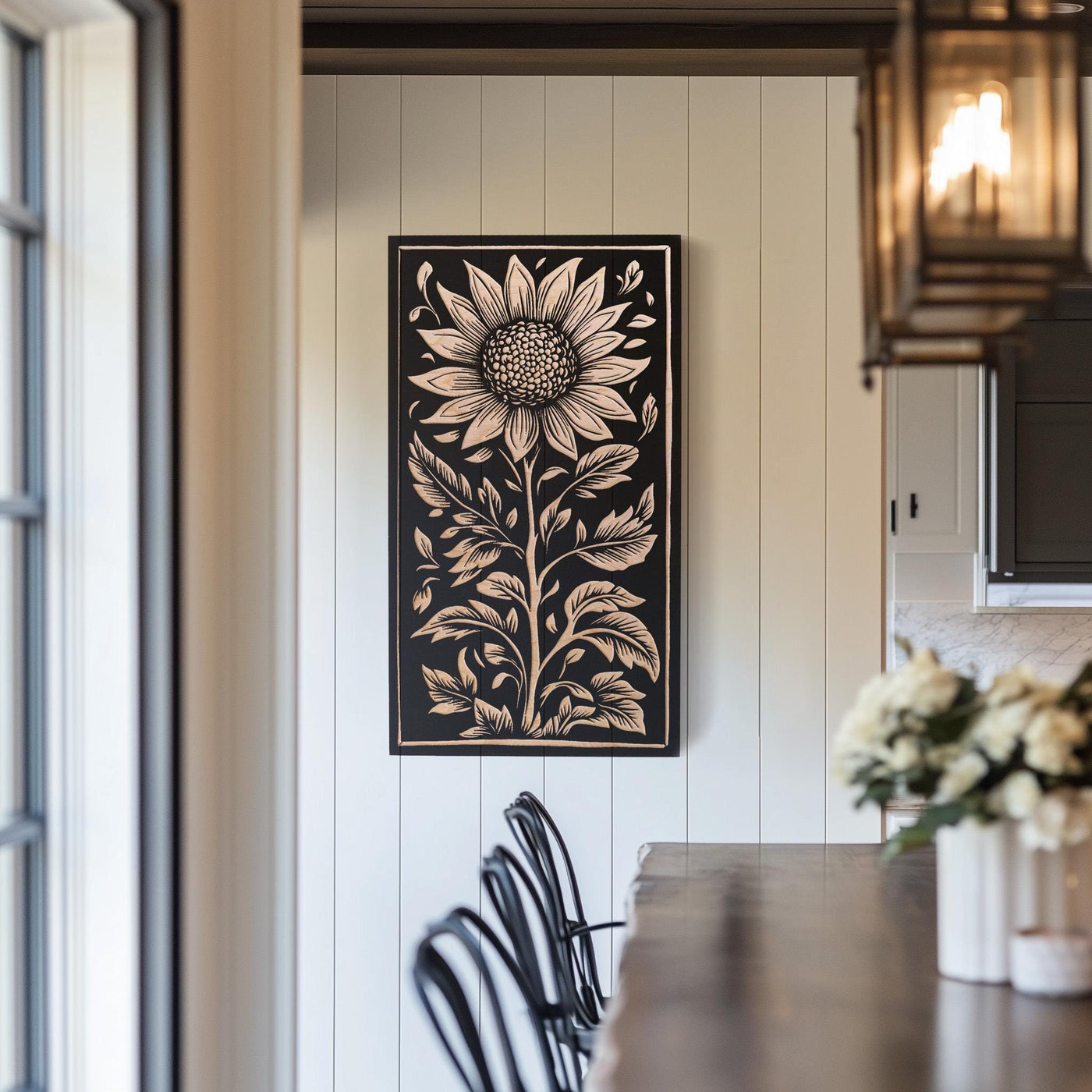 Sunflower Engraved Birch Wood Panel | Block Print Inspired Floral Wall Art, Rustic Flora Illustration Print, Farmhouse Home Decor Gift