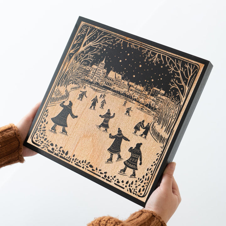 Ice Skaters on Pond Engraved Illustration
