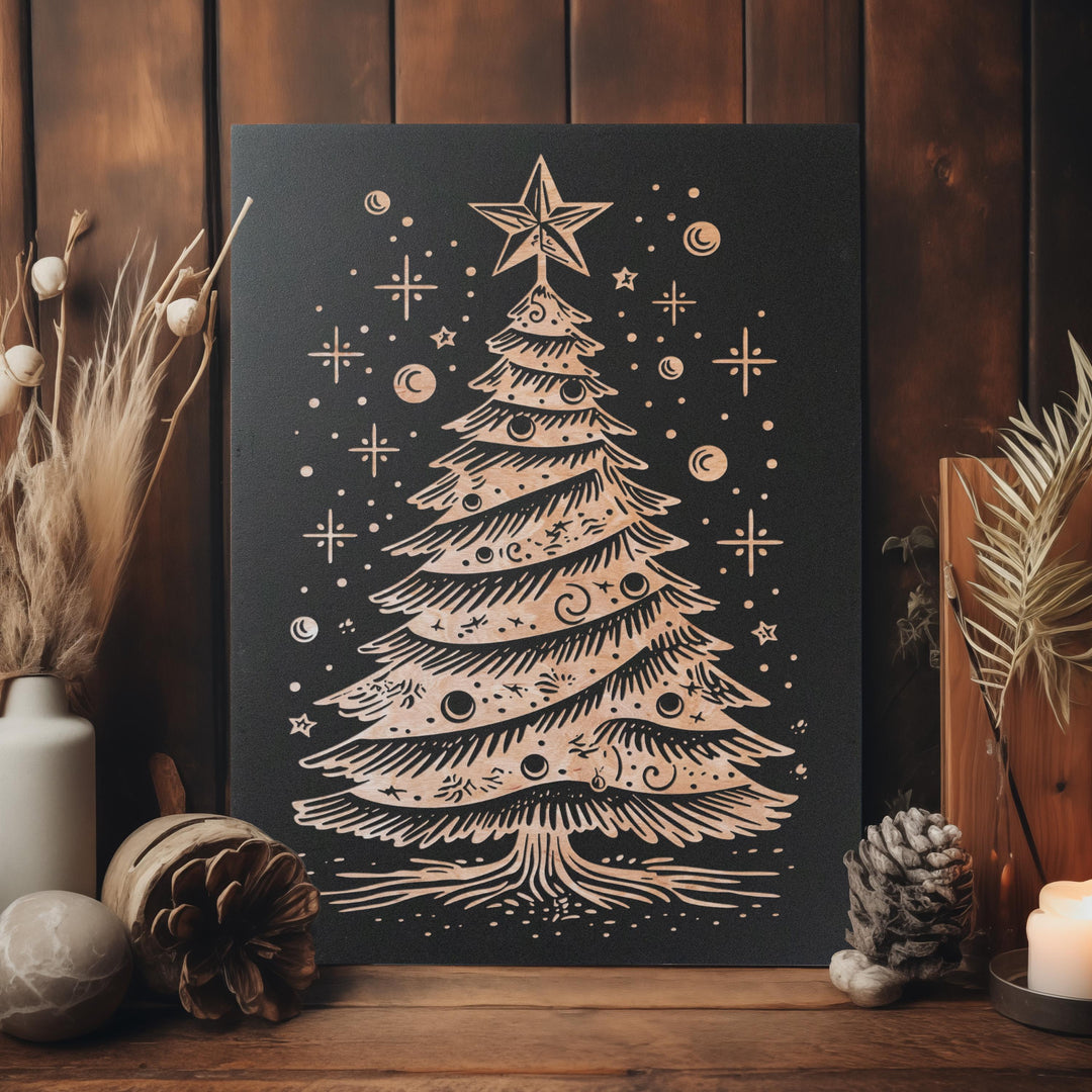 Mid Century Christmas Tree Engraved Illustration