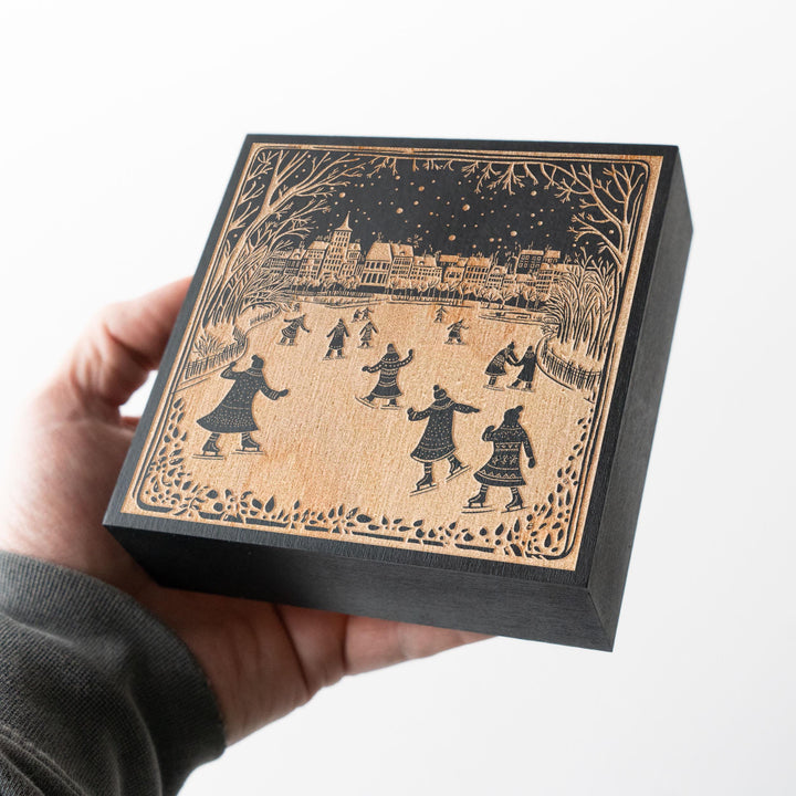 Ice Skaters on Pond Engraved Illustration