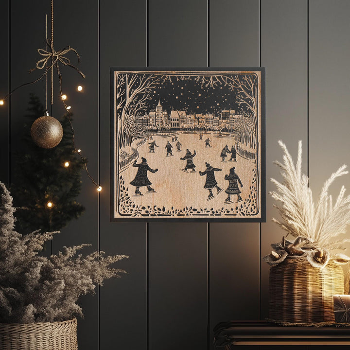 Ice Skaters on Pond Engraved Illustration