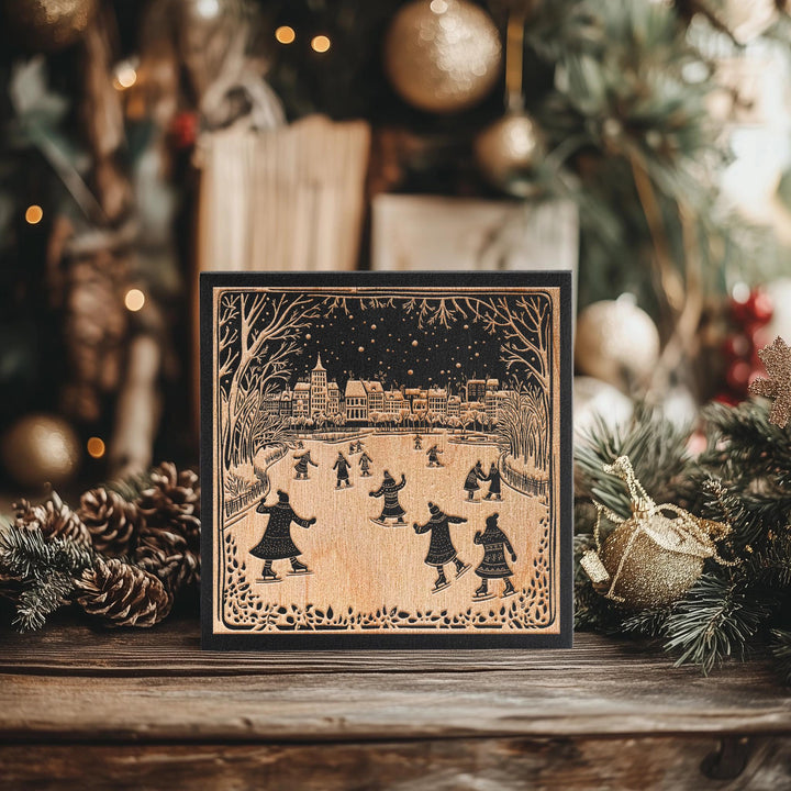 Ice Skaters on Pond Engraved Illustration