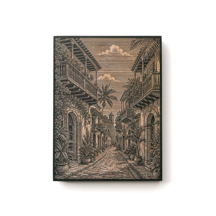 Cartagena Walled City Street Engraved Birch Art Panel