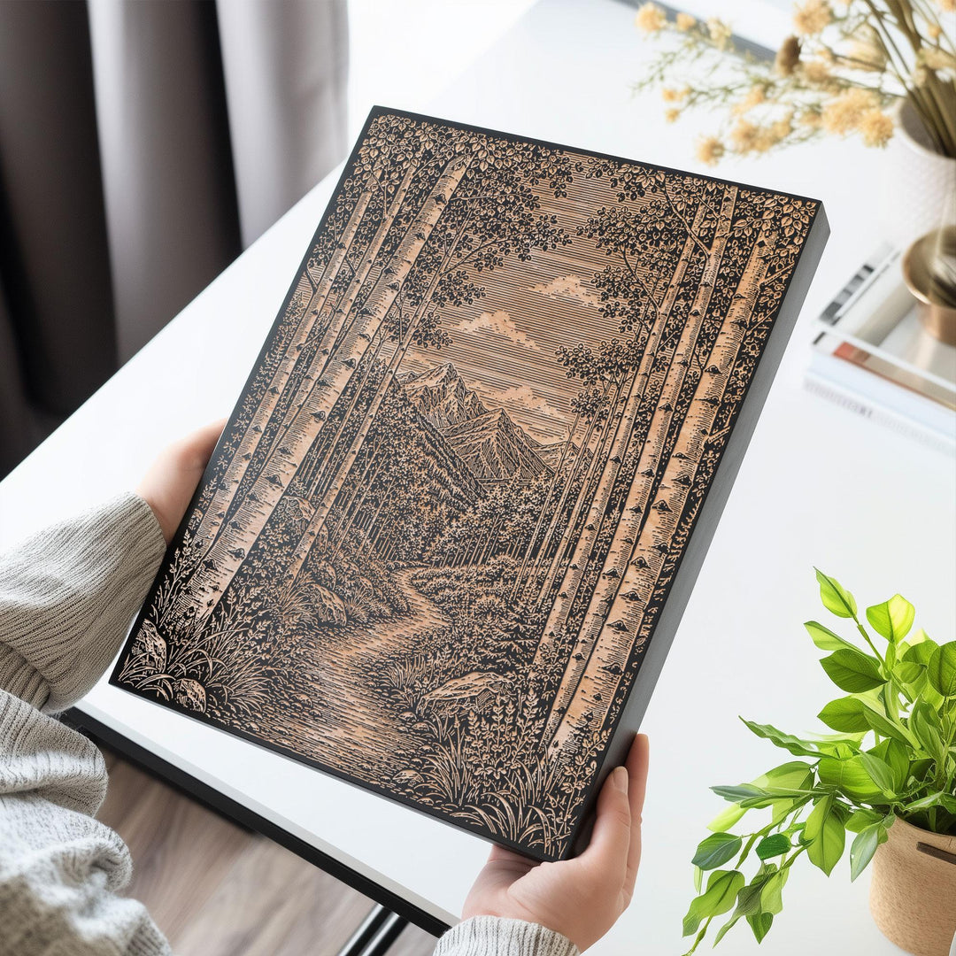 Aspen Tree Mountain Trail Engraved Birch Art Panel