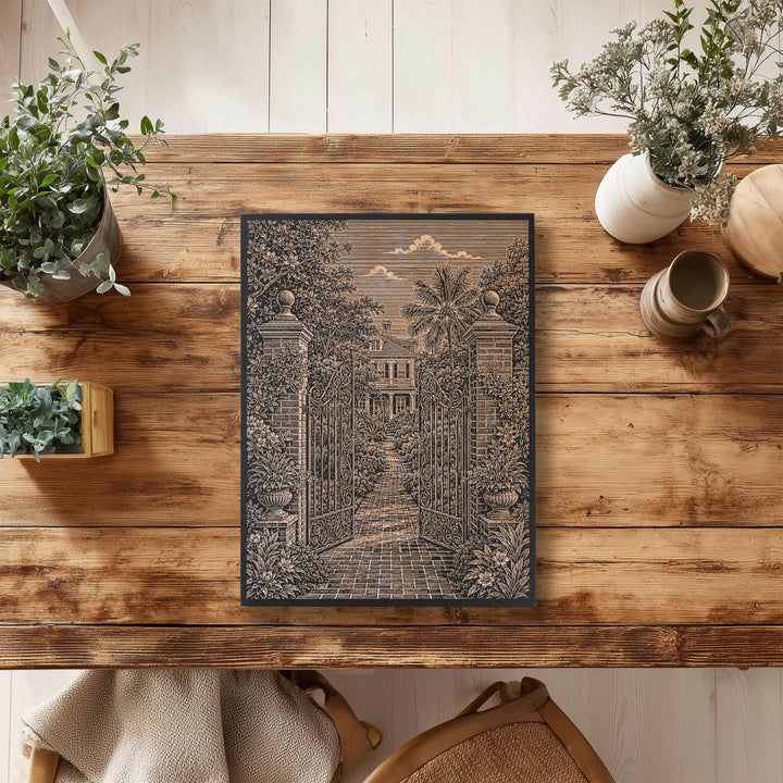 Charleston Garden Gate Engraved Birch Art Panel