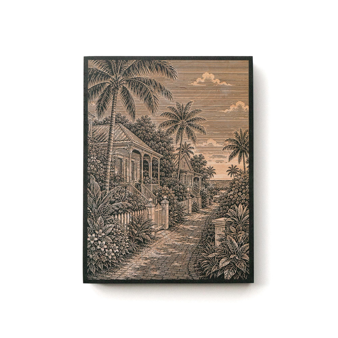 Key West Palm Cottage Lane Engraved Birch Art Panel