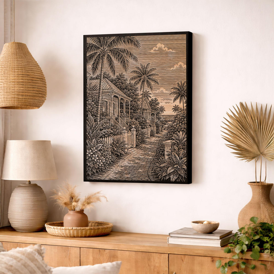 Key West Palm Cottage Lane Engraved Birch Art Panel