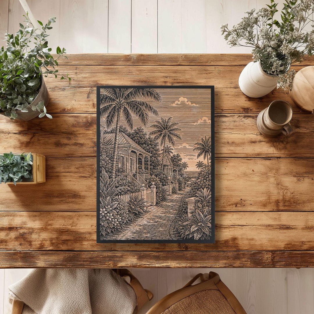 Key West Palm Cottage Lane Engraved Birch Art Panel