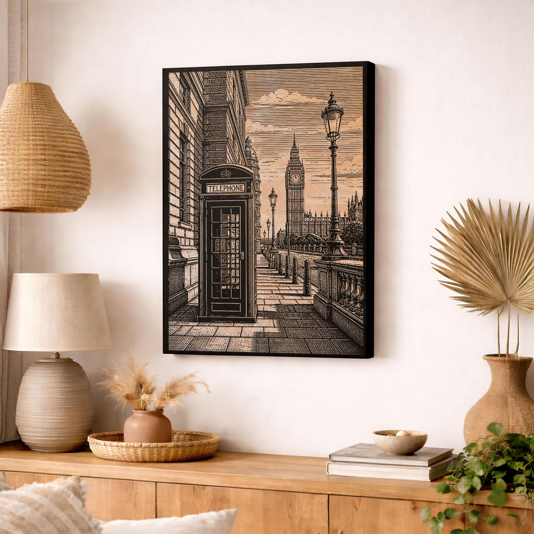 London Telephone Booth Engraved Birch Art Panel