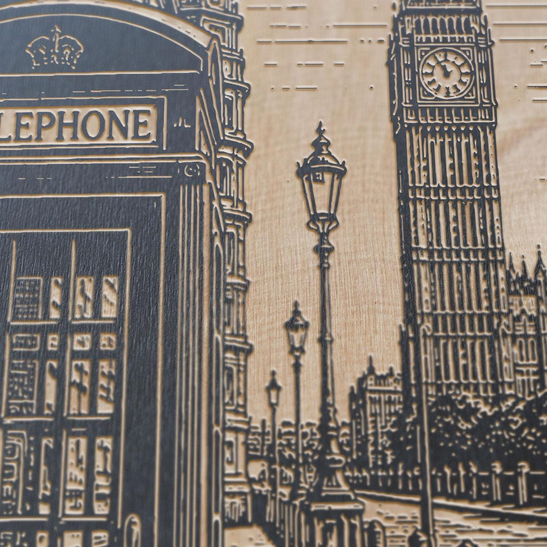 London Telephone Booth Engraved Birch Art Panel