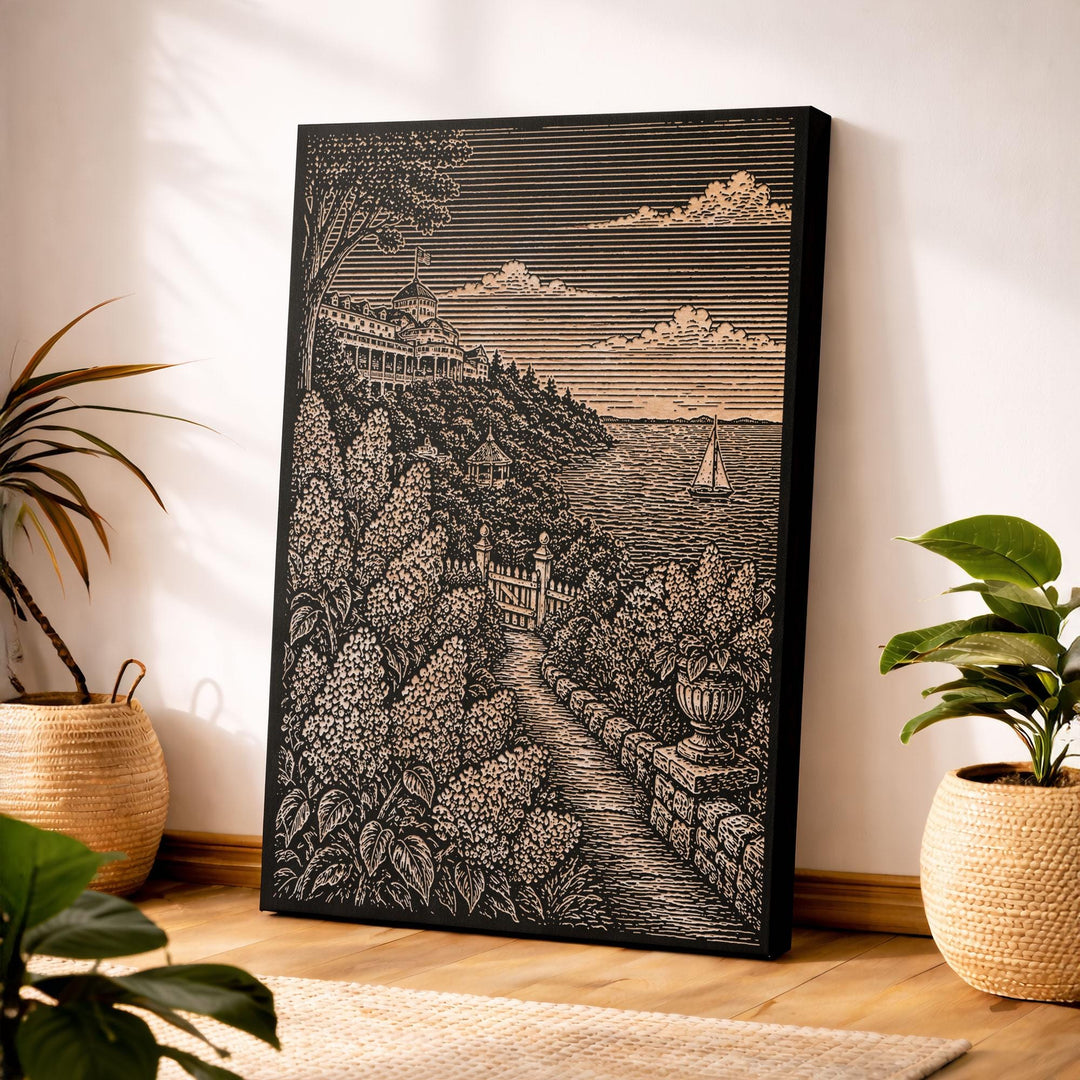 Mackinac Island Lilac Garden Engraved Birch Art Panel