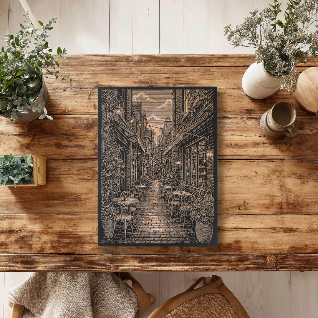 Melbourne Laneway Cafe Engraved Birch Art Panel
