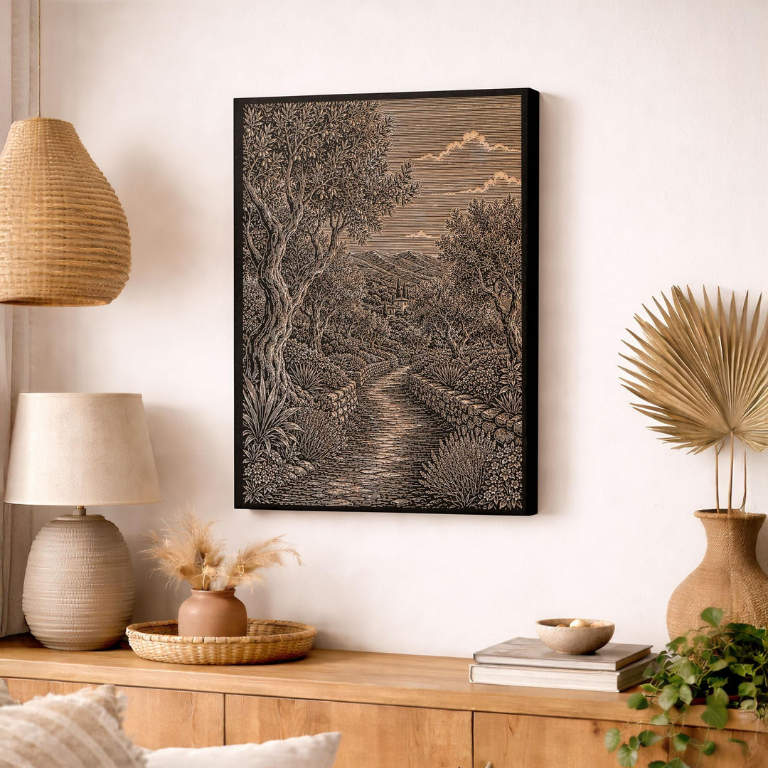 Montecito Olive Grove Path Engraved Birch Art Panel