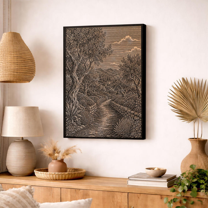 Montecito Olive Grove Path Engraved Birch Art Panel