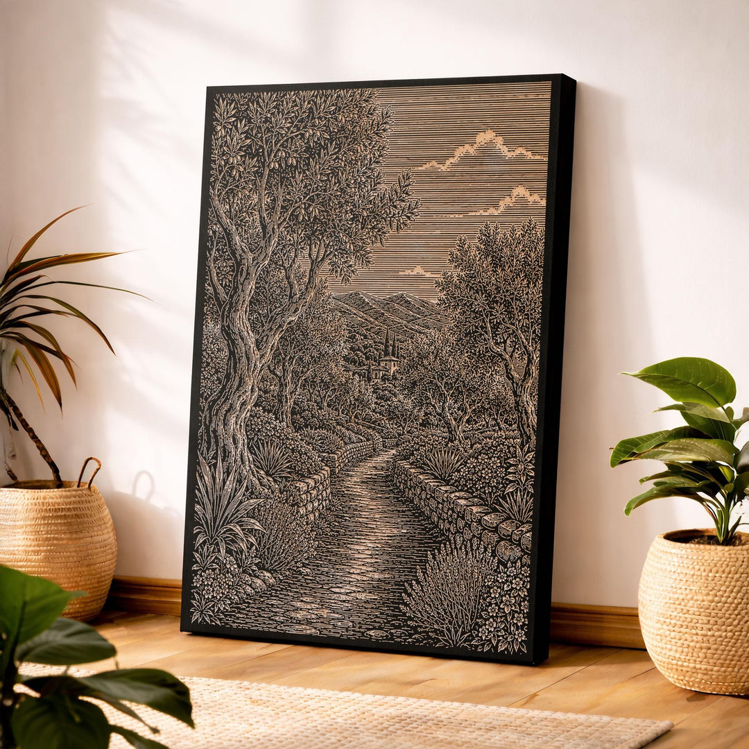 Montecito Olive Grove Path Engraved Birch Art Panel