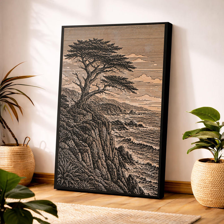 Monterey Cypress on Cliff Engraved Birch Art Panel
