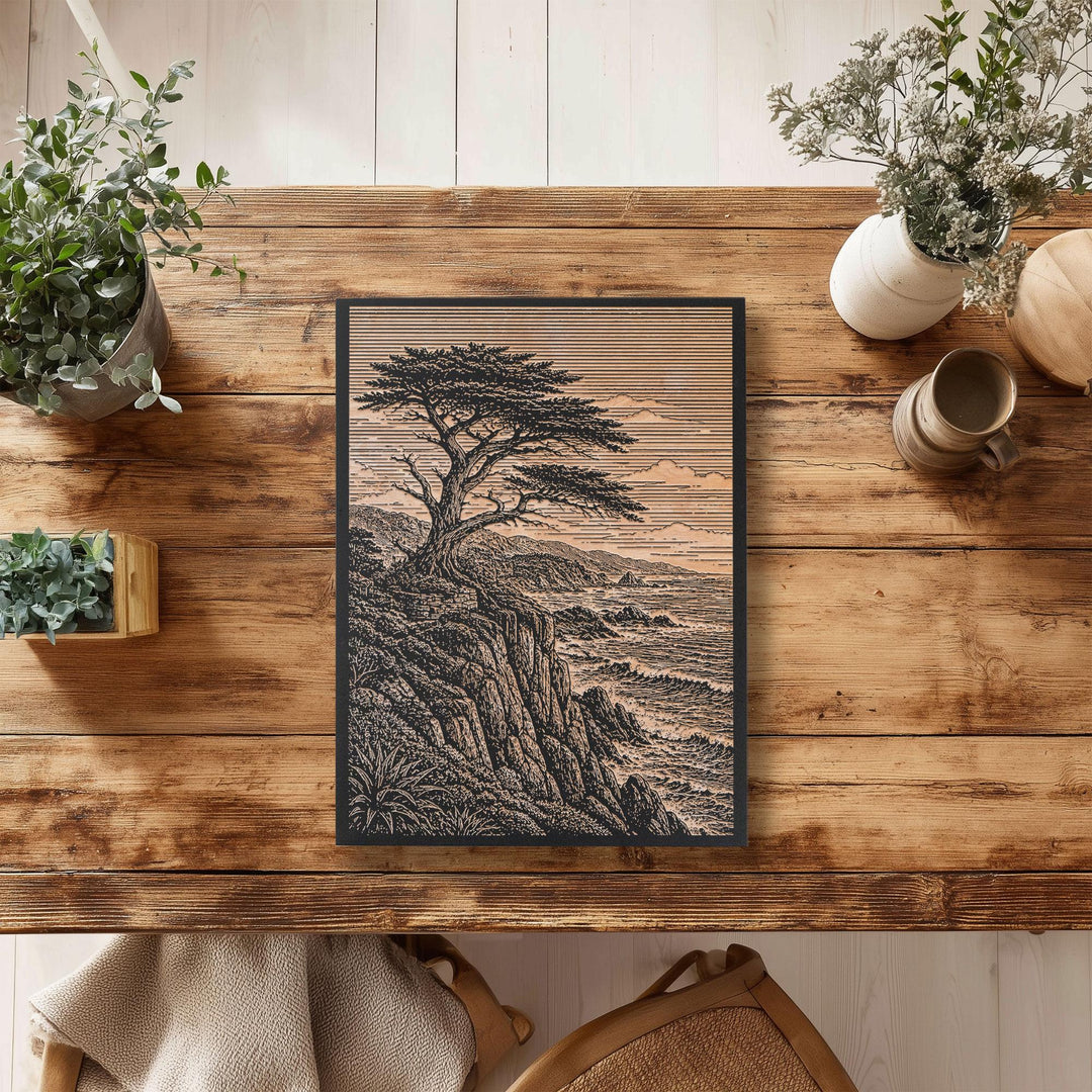 Monterey Cypress on Cliff Engraved Birch Art Panel