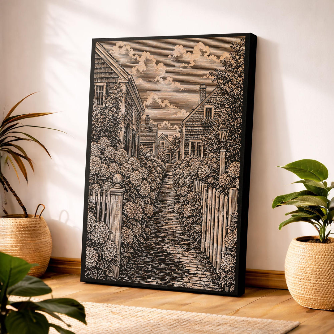 Nantucket Hydrangea Lane Engraved Birch Art Panel