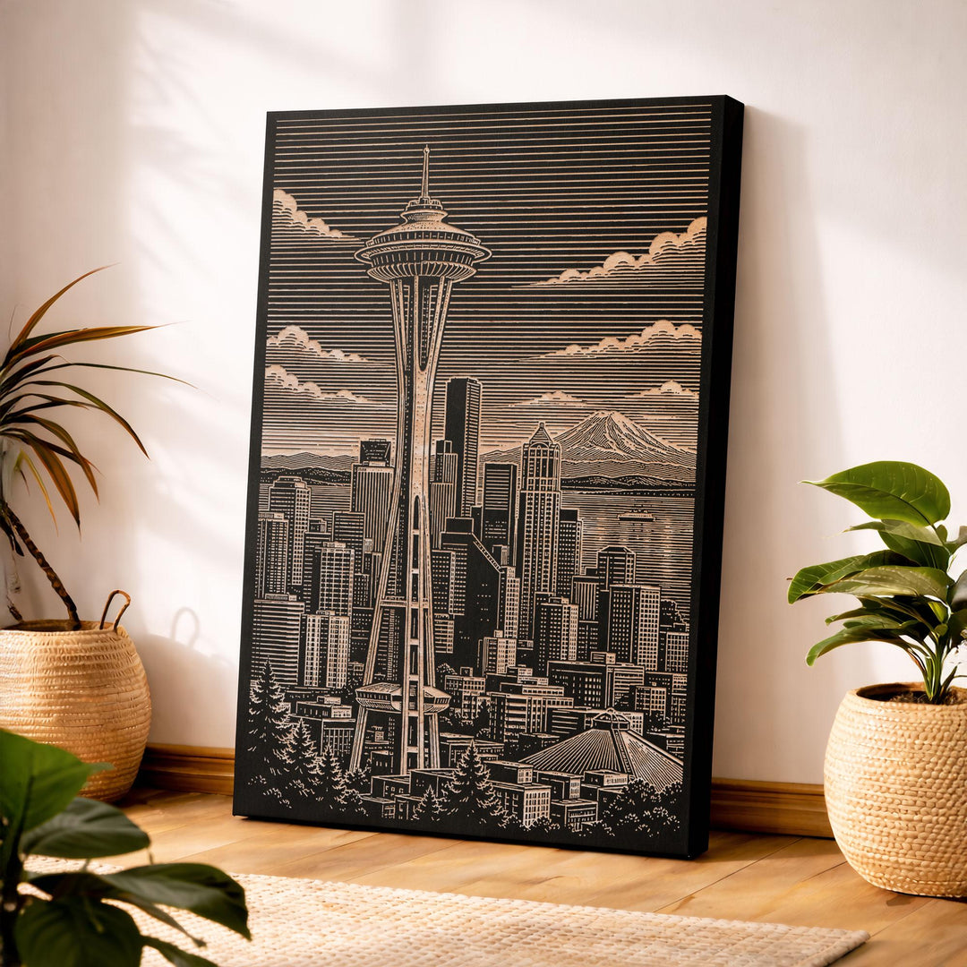 Seattle Space Needle Engraved Birch Art Panel