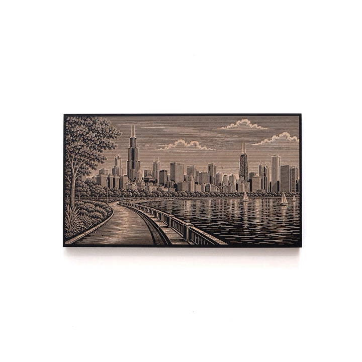 Chicago Lakefront Skyline Engraved Birch Art Panel