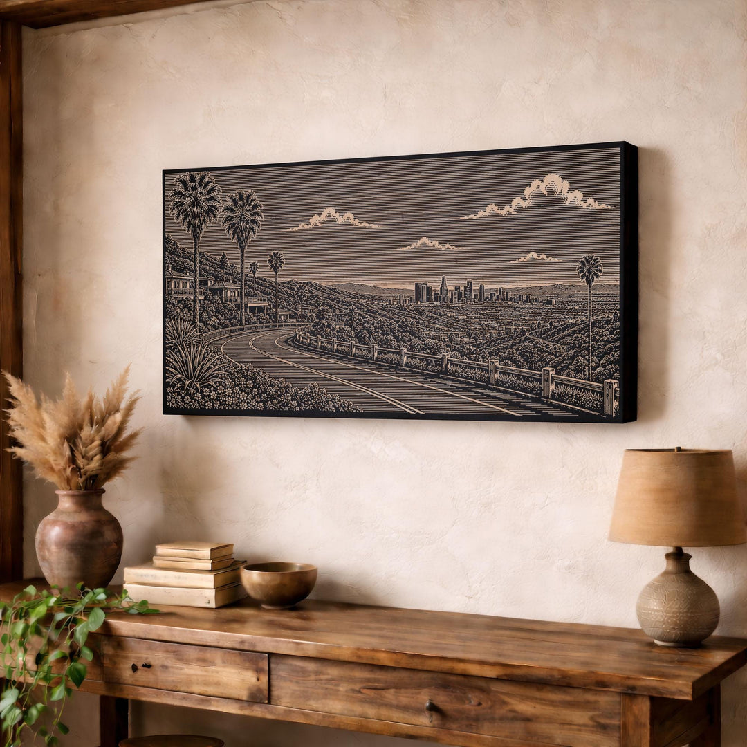 Los Angeles Hollywood Hills Skyline View Engraved Birch Art Panel