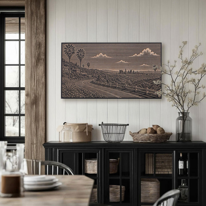 Los Angeles Hollywood Hills Skyline View Engraved Birch Art Panel