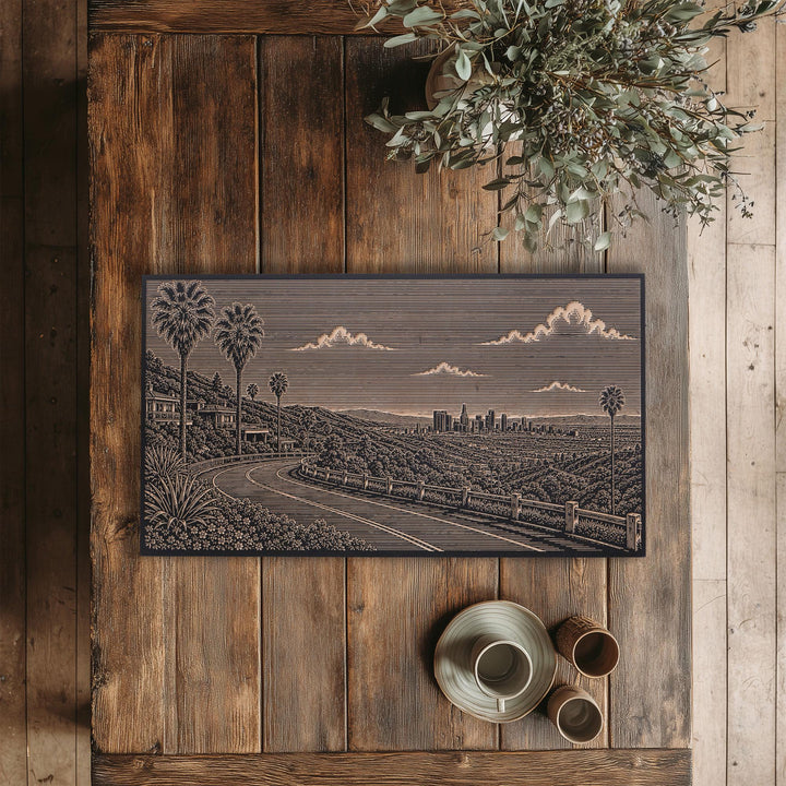 Los Angeles Hollywood Hills Skyline View Engraved Birch Art Panel