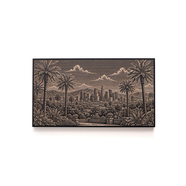 Los Angeles Palm Skyline View Engraved Birch Art Panel