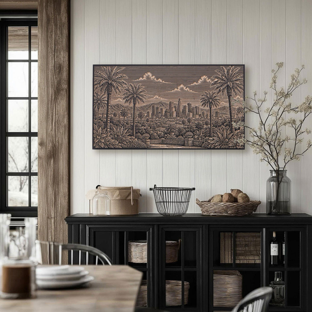 Los Angeles Palm Skyline View Engraved Birch Art Panel