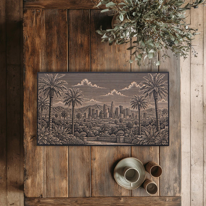 Los Angeles Palm Skyline View Engraved Birch Art Panel