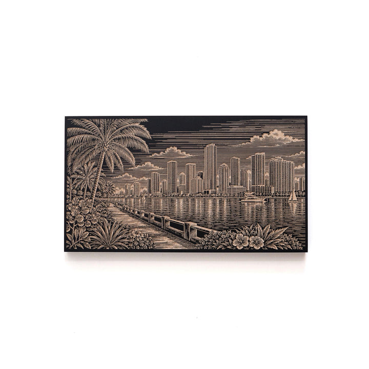 Miami Biscayne Bay Skyline with Palms Engraved Birch Art Panel