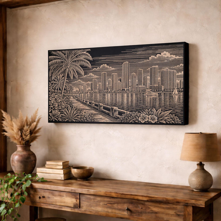 Miami Biscayne Bay Skyline with Palms Engraved Birch Art Panel