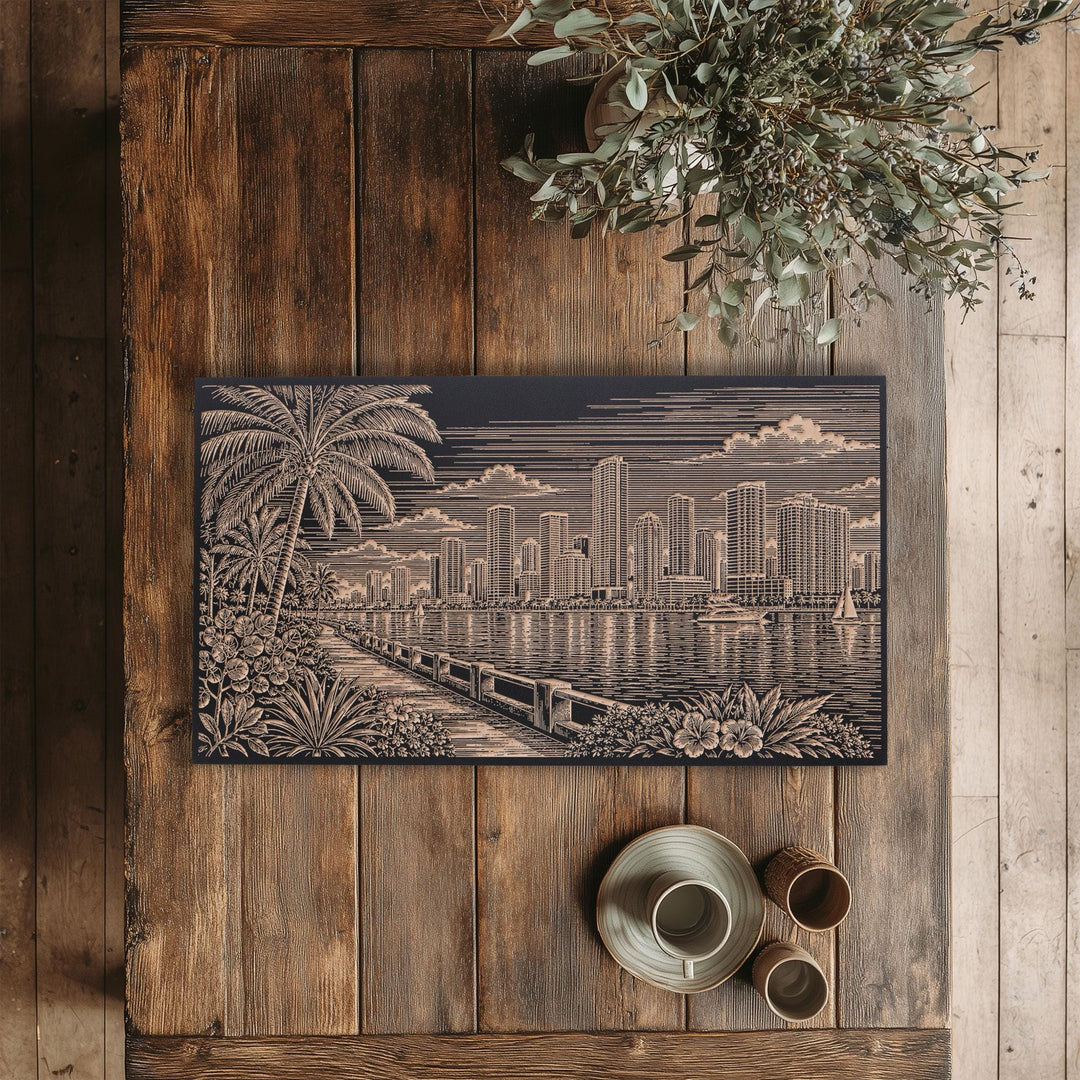 Miami Biscayne Bay Skyline with Palms Engraved Birch Art Panel