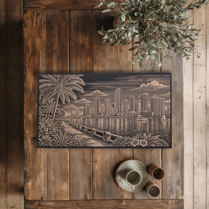 Miami Biscayne Bay Skyline with Palms Engraved Birch Art Panel