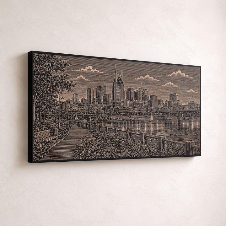 Nashville Cumberland River Skyline Engraved Birch Art Panel