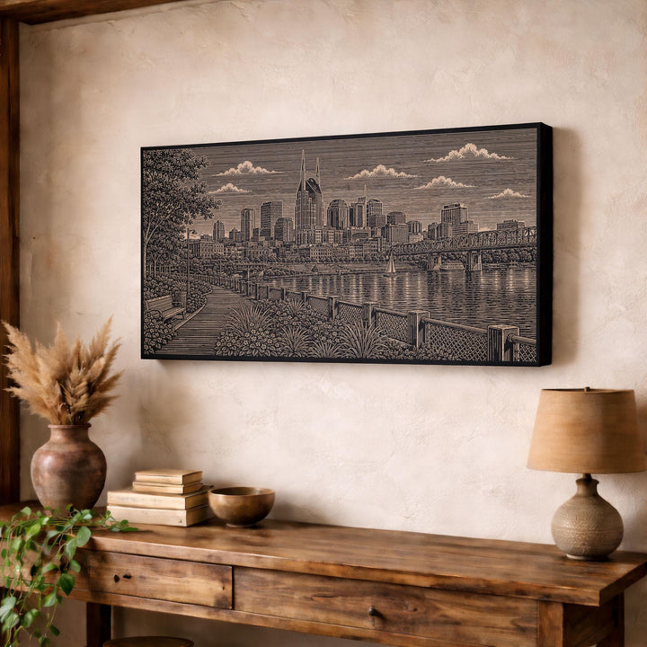 Nashville Cumberland River Skyline Engraved Birch Art Panel