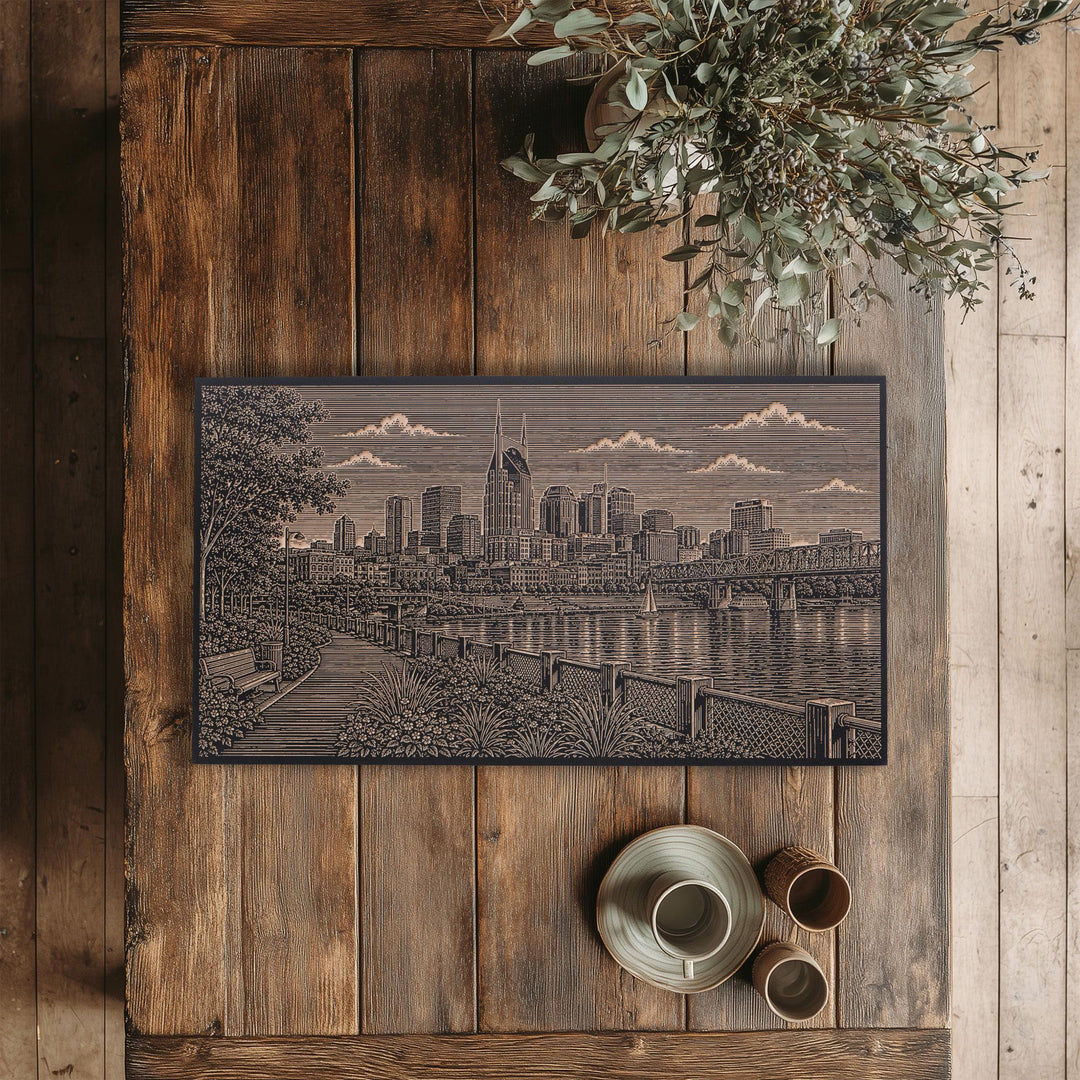Nashville Cumberland River Skyline Engraved Birch Art Panel