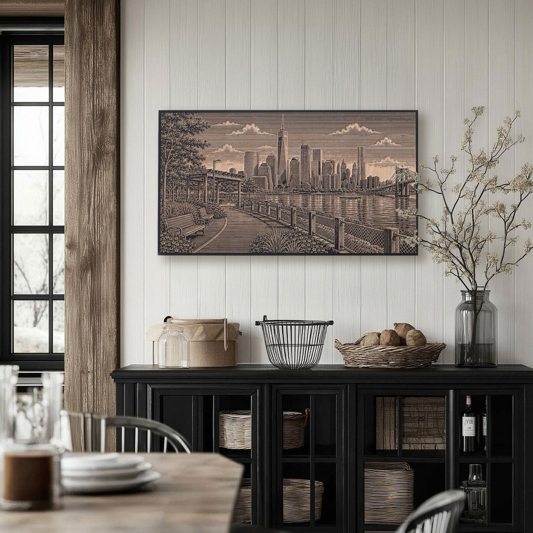 New York City Brooklyn Bridge Park Skyline Engraved Birch Art Panel