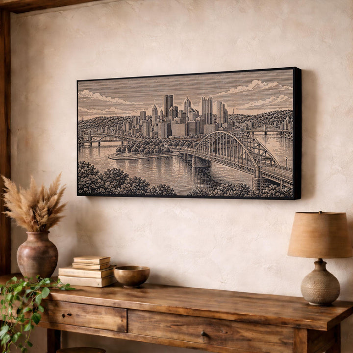 Pittsburgh Three Rivers Skyline Engraved Birch Art Panel