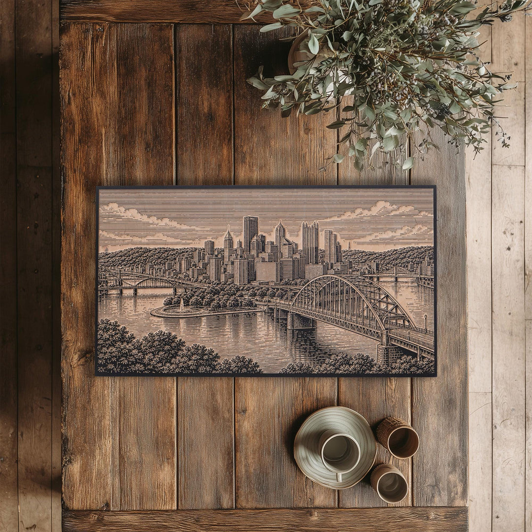 Pittsburgh Three Rivers Skyline Engraved Birch Art Panel