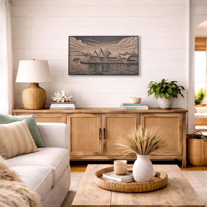 Sydney Opera House and Skyline Engraved Birch Art Panel