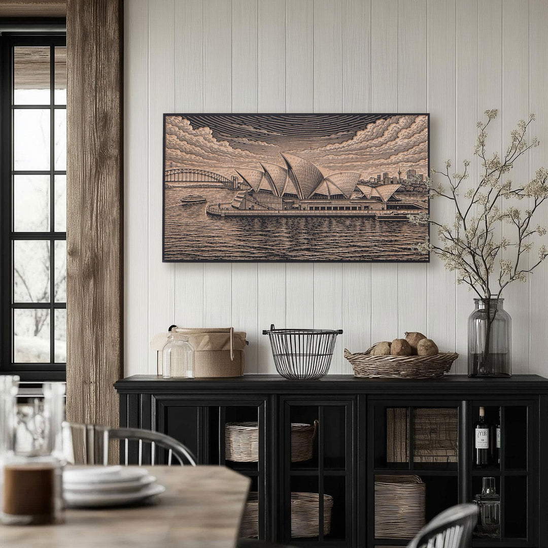 Sydney Opera House and Skyline Engraved Birch Art Panel