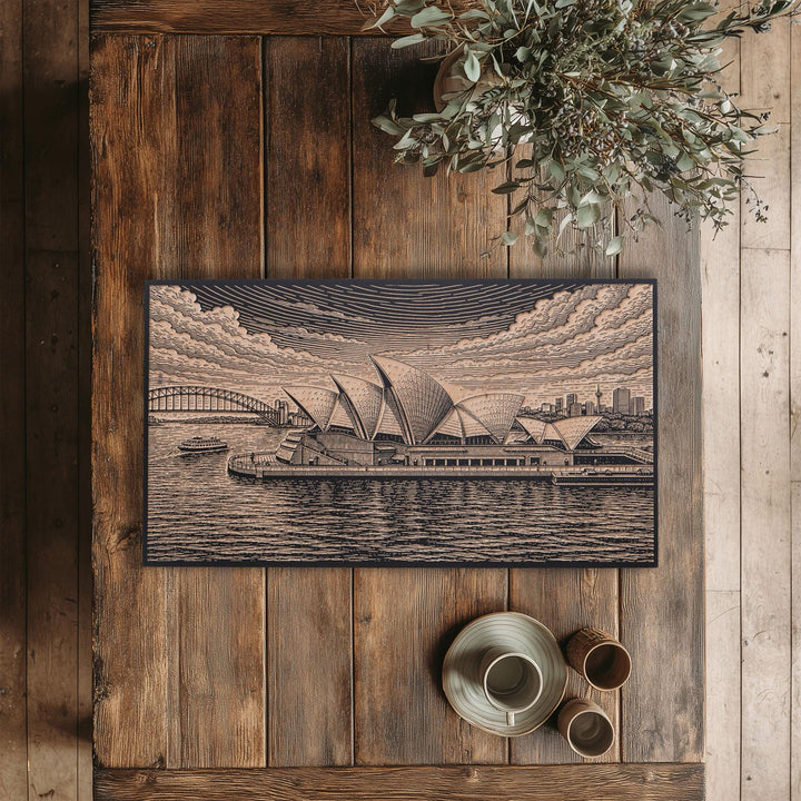 Sydney Opera House and Skyline Engraved Birch Art Panel
