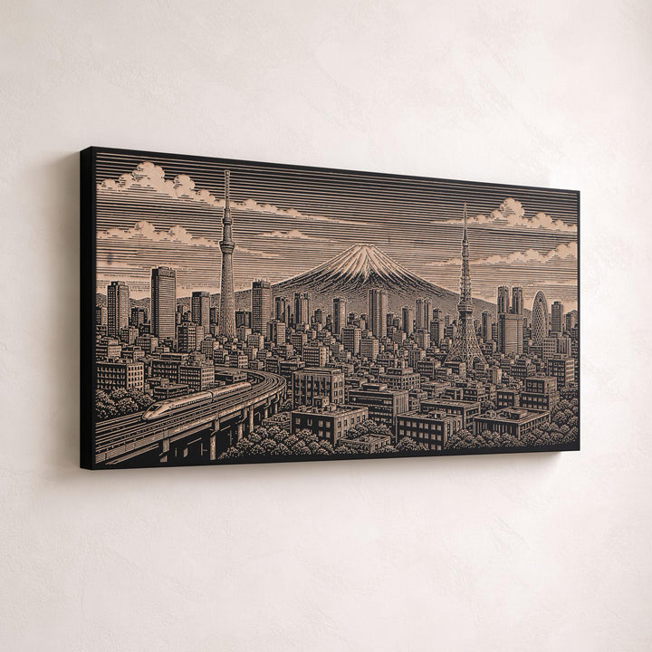 Tokyo Skyline with Mount Fuji Engraved Birch Art Panel