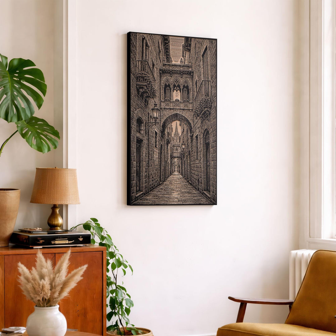 Barcelona Gothic Quarter Alley Engraved Birch Art Panel