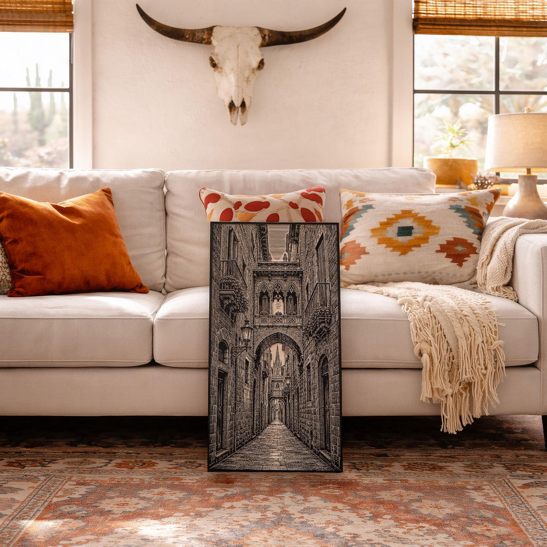 Barcelona Gothic Quarter Alley Engraved Birch Art Panel