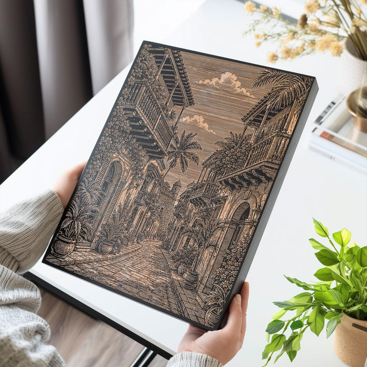 Cartagena Walled City Street Engraved Birch Art Panel