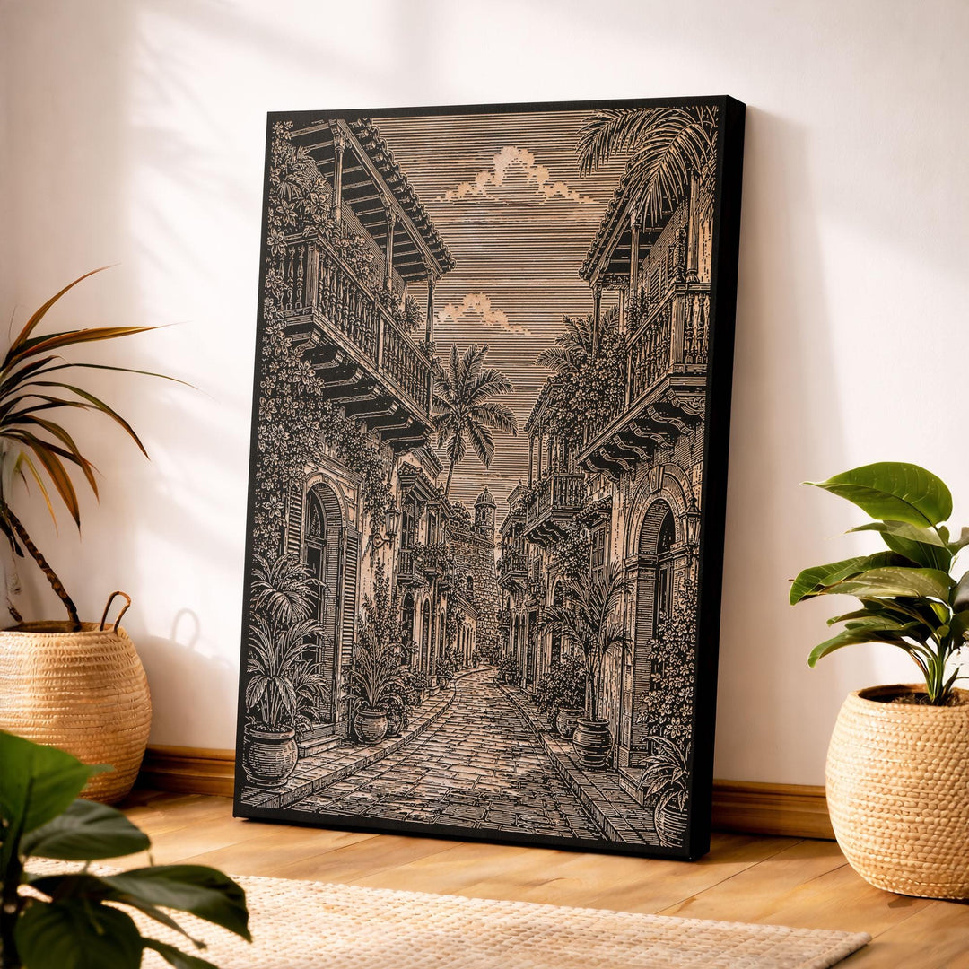 Cartagena Walled City Street Engraved Birch Art Panel