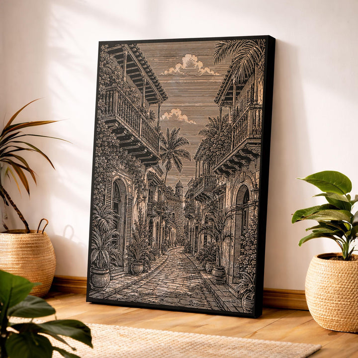 Cartagena Walled City Street Engraved Birch Art Panel